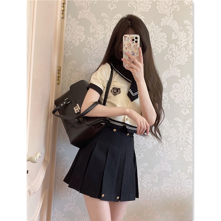 Set Áo Sơ Mi + Chân Váy Xếp Ly Phong Cách Thủy Thủ Thời Trang Hàn Quốc Dành Cho Nữ