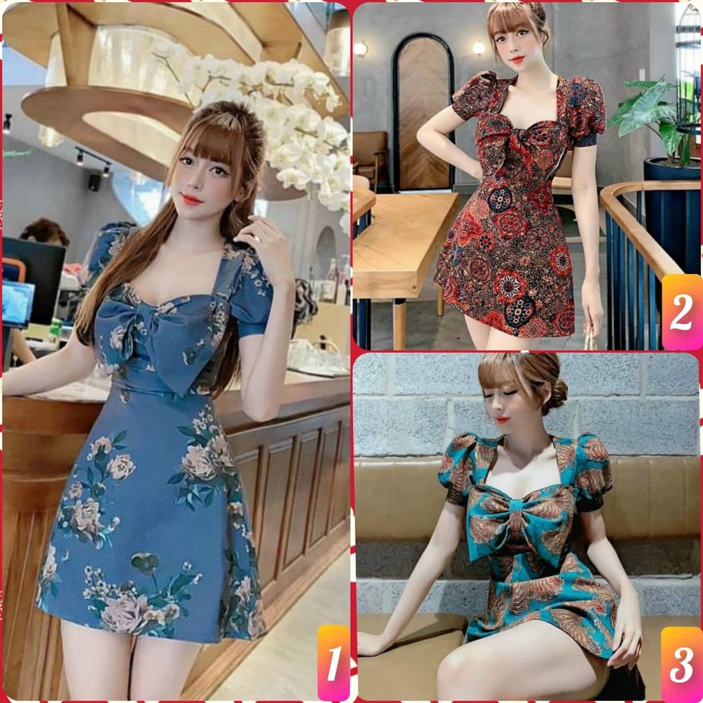 Đầm nơ ngực họa tiết hoa Vintage, ĐẦM HỌA TIẾT NƠ NGỰC