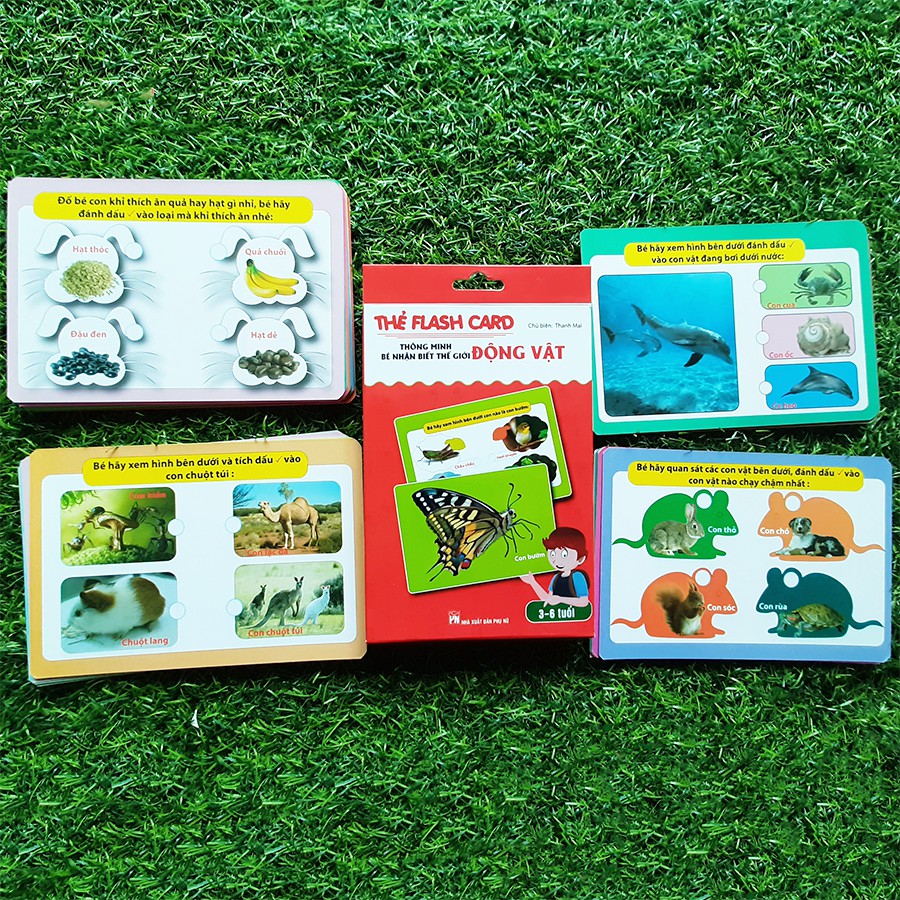 Sách - Thẻ Flash thông minh bé nhận biết thế giới động vật - 11 x 16 cm, In 2 Mặt Dành Cho Bé Từ 3 - 6 Tuổi (30 Thẻ)