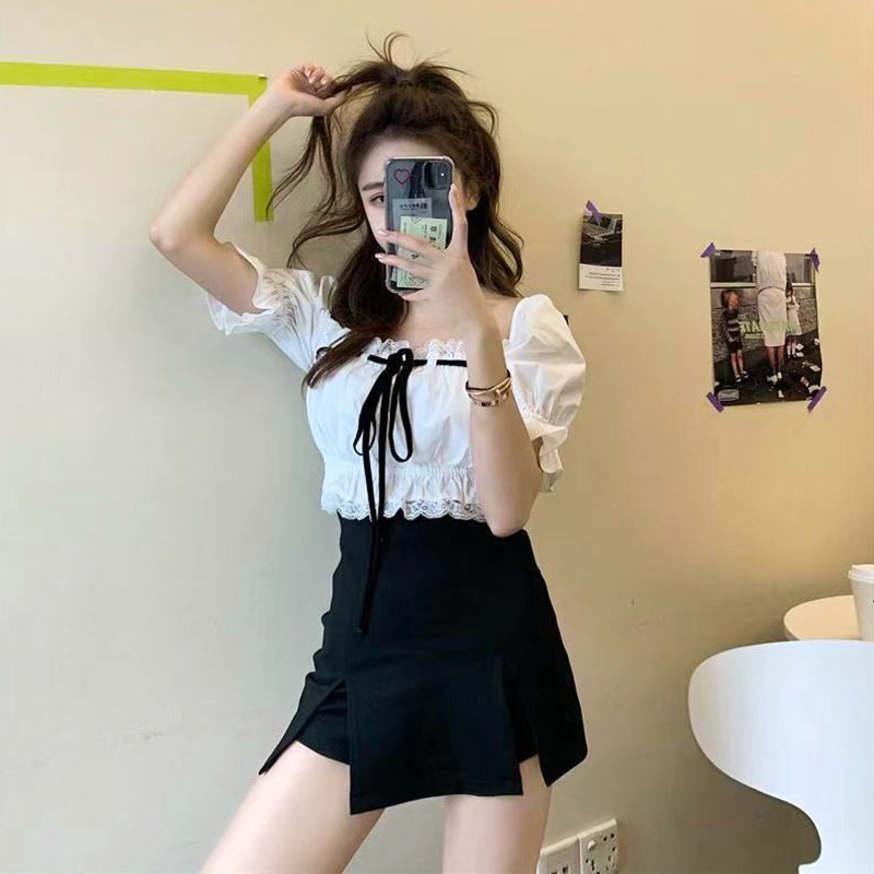 ZHELIHANGFEI Áo Kiểu Tay Phồng Trễ Vai Lưng Cao Cột Dây Phong Cách Quyến Rũ