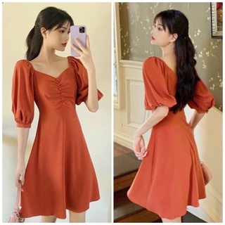 Đầm dạo phố váy cam nhúng ngực nút bọc (kèm hình thật)