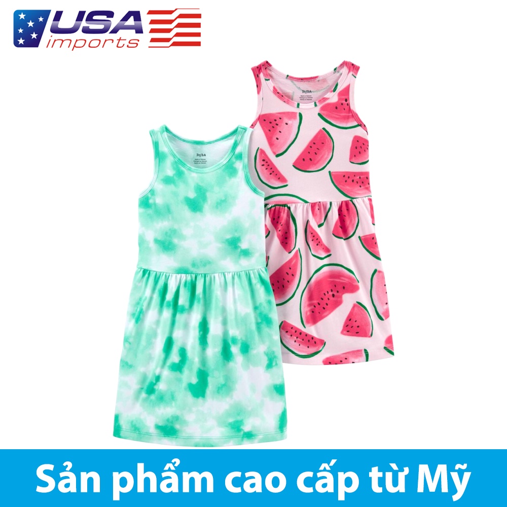 Set 2 đầm thun cotton sát nách bé gái xanh và hồng dưa hấu Car-tờ Auth Từ Mỹ (2L879110)