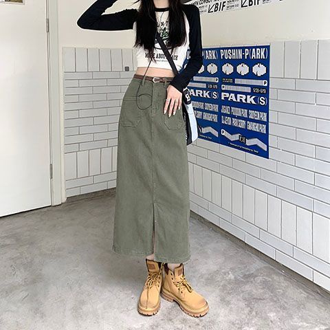 Jiashucheng Chân Váy Denim Chữ a Lưng Cao Dáng Ôm Xẻ Tà Phong Cách Retro Mùa Thu Mới Cho Nữ