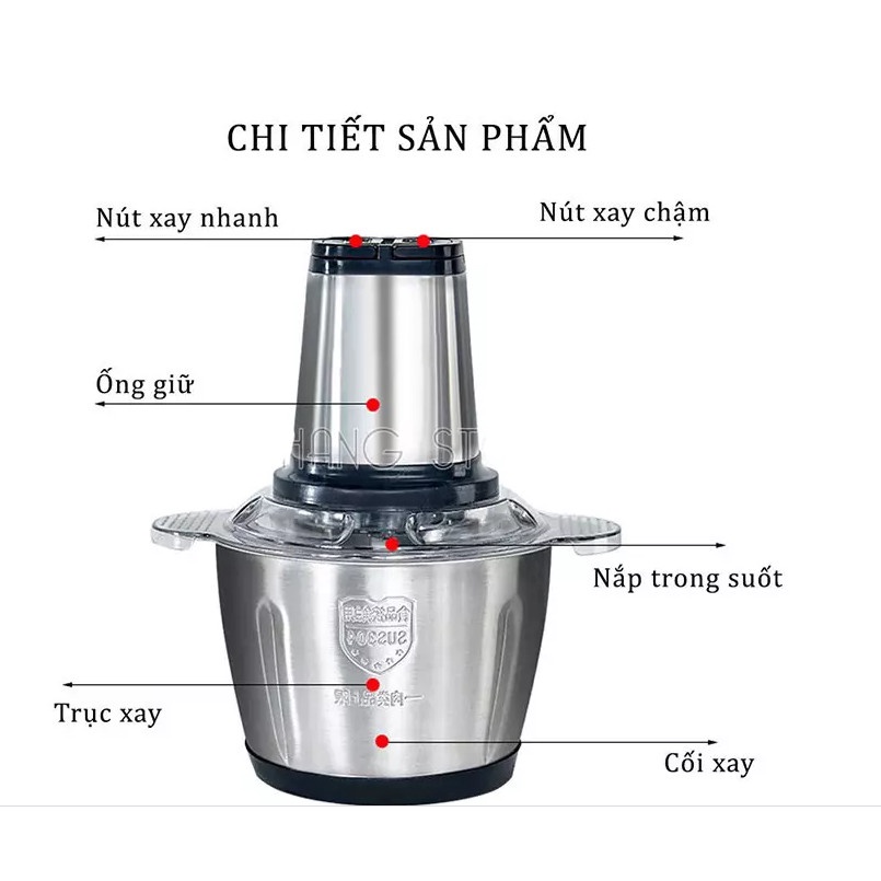 Máy Xay Thịt Đa Năng Cối 2L Inox 304,4 Lưỡi Dao Thép Không Gỉ,Say Sinh Tố Thịt, Cá, Rau Củ Hoa Quả