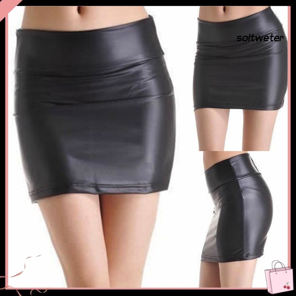 Chân Váy Bút Chì Mini Lưng Cao Bằng Da Giả Xẻ Tà Thời Trang Cho Nữ