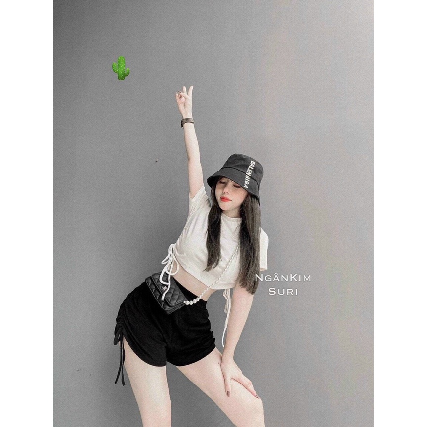 sét bộ đùi thun gân áo croptop + quần rút dây