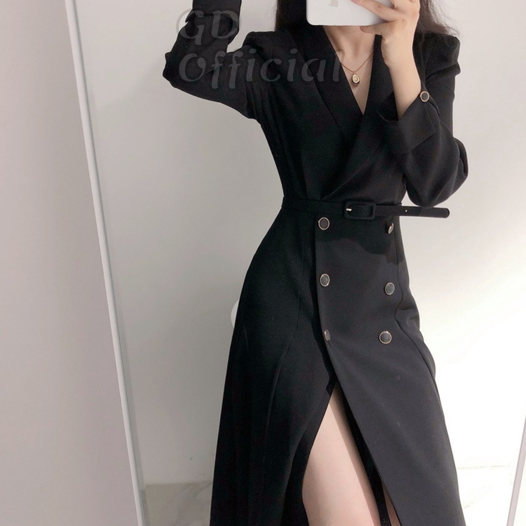 D35|Đầm nữ công sở thanh lịch kèm thắt lưng chất lụa nhẹ nhàng màu trắng, đen GD Official