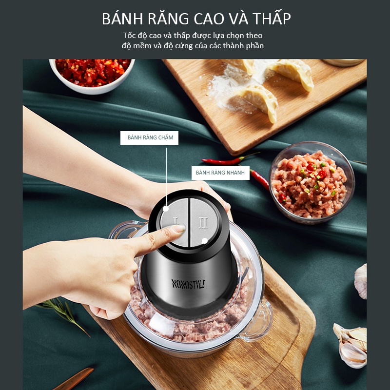 Máy xay thịt đa năng Nonostyle 3 lưỡi dao kép dung tích 2L công suất 300W BH 12 tháng