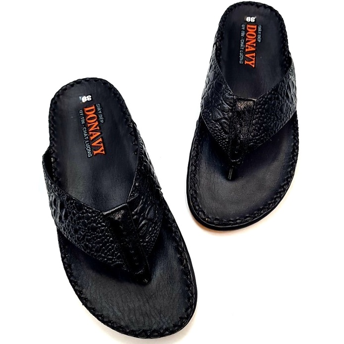 Dép xỏ ngón nam da bò thật DONAVY, kiểu quai cá sấu, may quai và đế chắc chắn bao đi nước D.KBXIT
