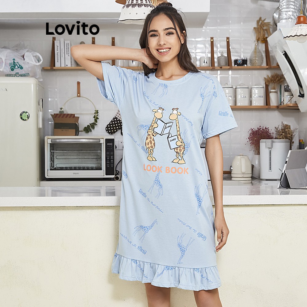 Đầm ngủ Lovito viền xếp nếp in họa tiết động vật với hai túi trẻ trung thời trang L02152 (xanh lam)