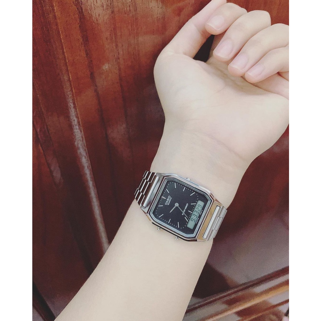 Đồng hồ Unisex Casio AQ-230A-1DMQ, đồng hồ chính hãng, silver gạch, mặt đen