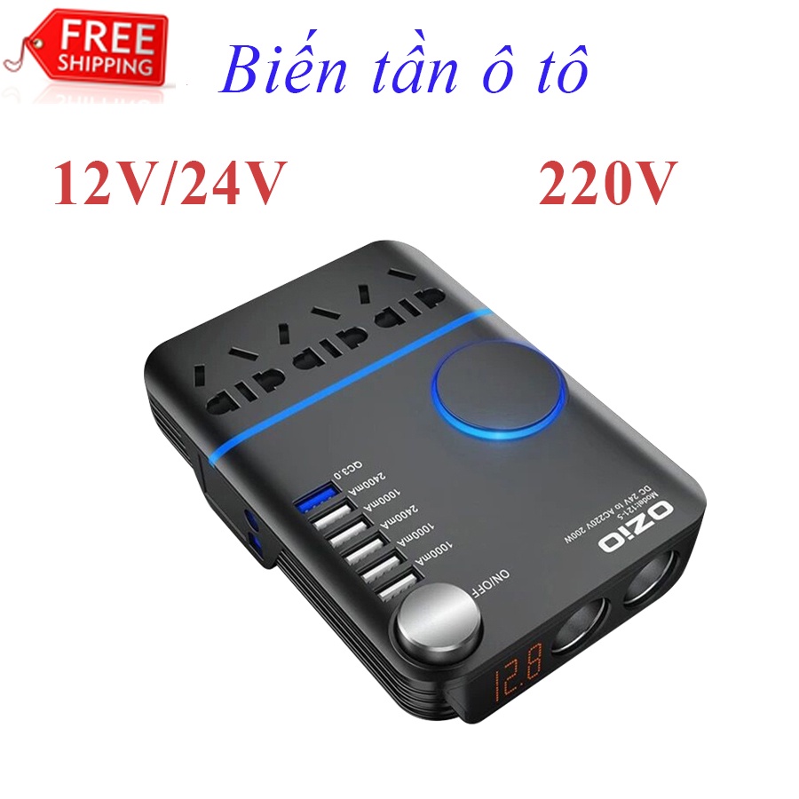 Bộ biến tần ô tô, Bộ chuyển đổi điện thông minh từ 12V/24V sang 220V, bộ sạc ô tô biến tần cổng sạc nhanh QC3.0