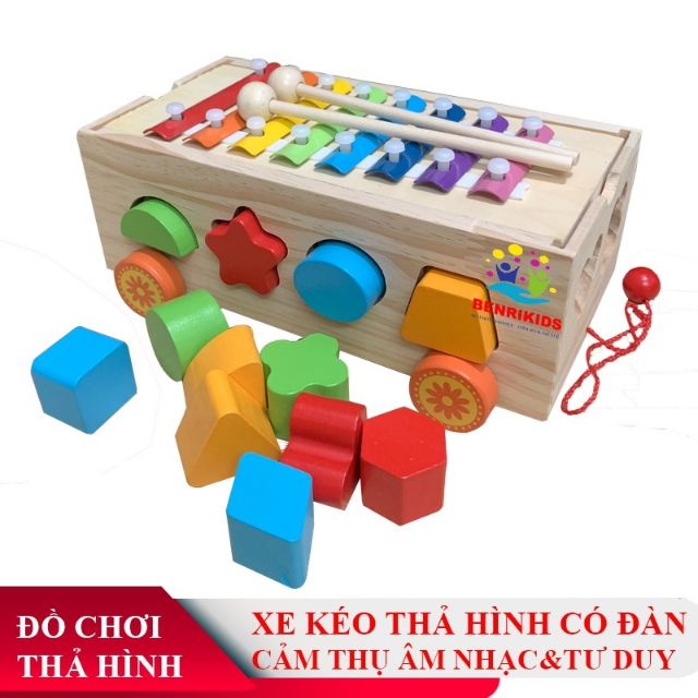 Đồ Chơi Gỗ, Xe Kéo Thả Hình Khối Màu Sắc Kết Hợp Số-Đàn-Bảng Phân Loại Hình Khối Cho Bé Rèn Luyện Trí Não