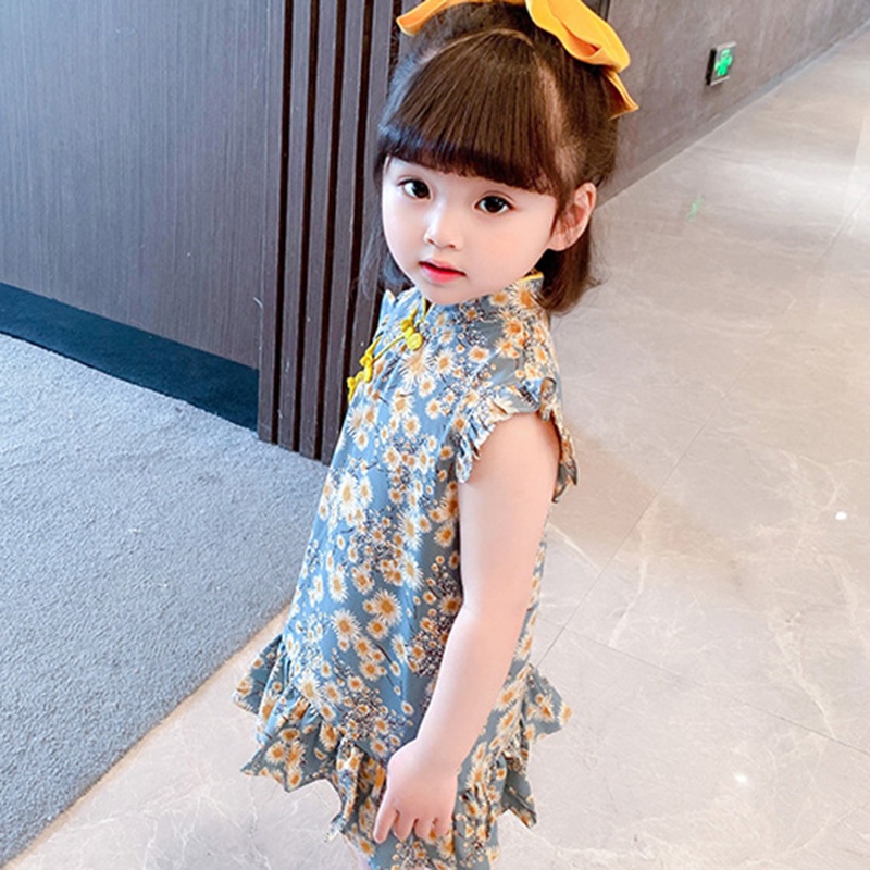 Đầm Sườn Xám Không Tay In Họa Tiết Hoa Thời Trang Mùa Hè Cho Bé Gái