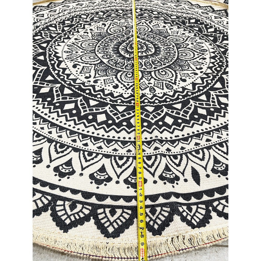 Thảm tròn tua rua đk 120cm chất cotton in hoa văn phong cách Vintage