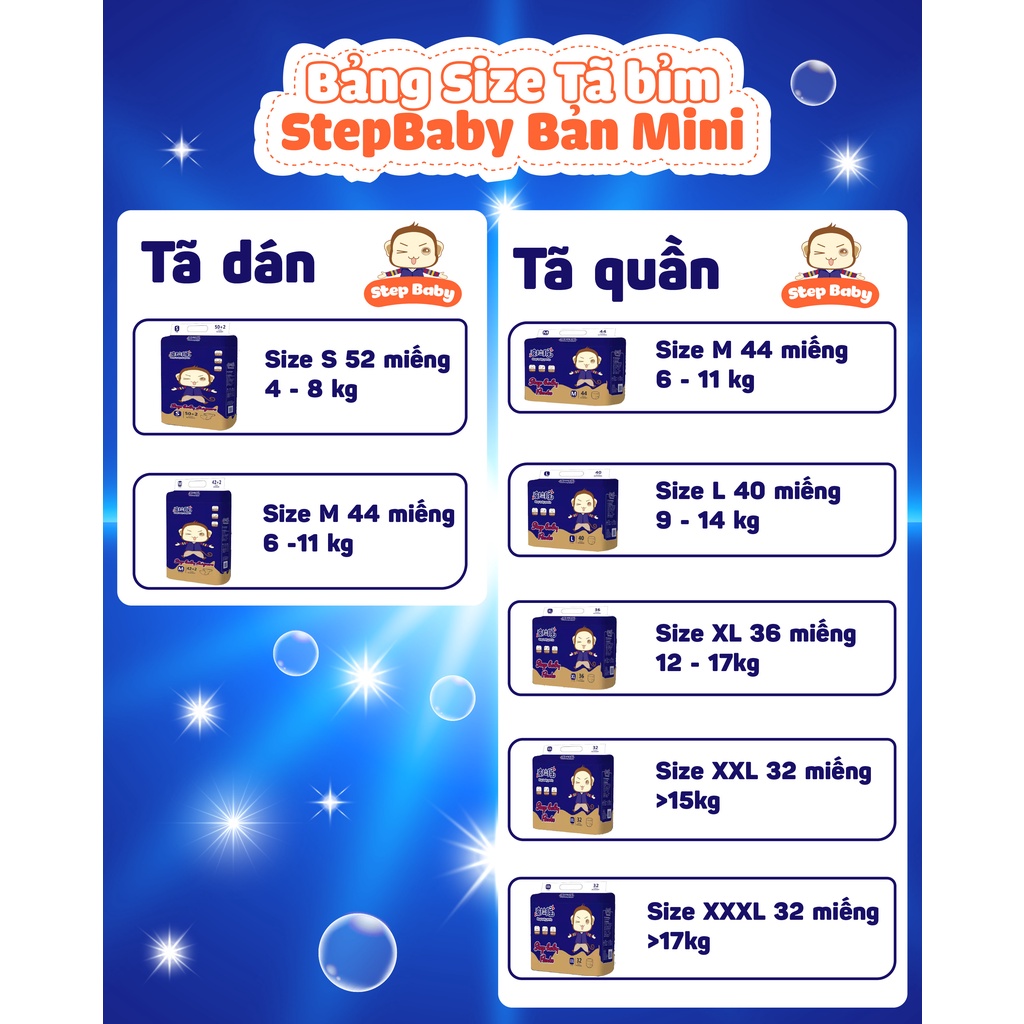 Tã Bỉm Step Baby mini,đủ size Dán S52, M44.Quần M44, L40, XL36, XXL32,XXXL32Nankids