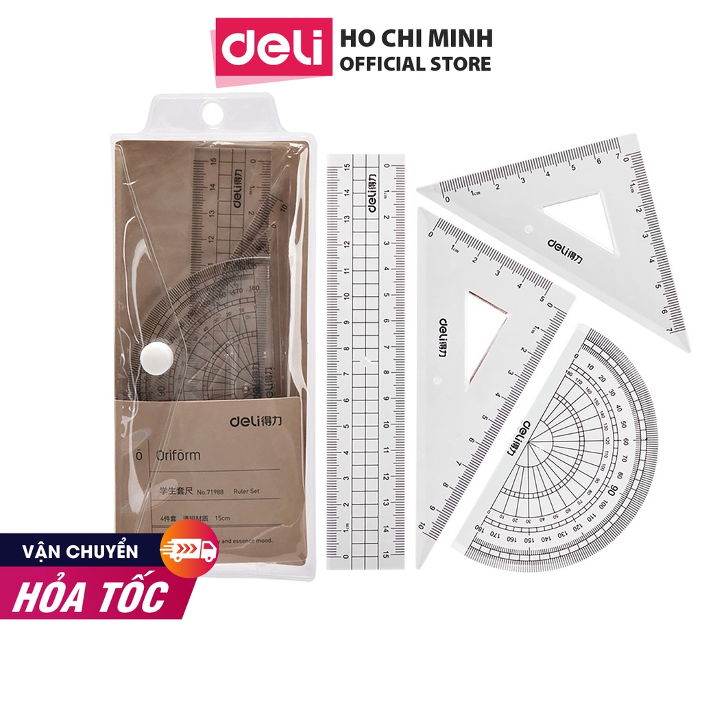 [LIFEMC02BPABAU -10% đơn 250K] Bộ 4 dụng cụ eke học sinh Deli - 1 bộ eke thước kẻ đo góc tam giác vuông - 71988