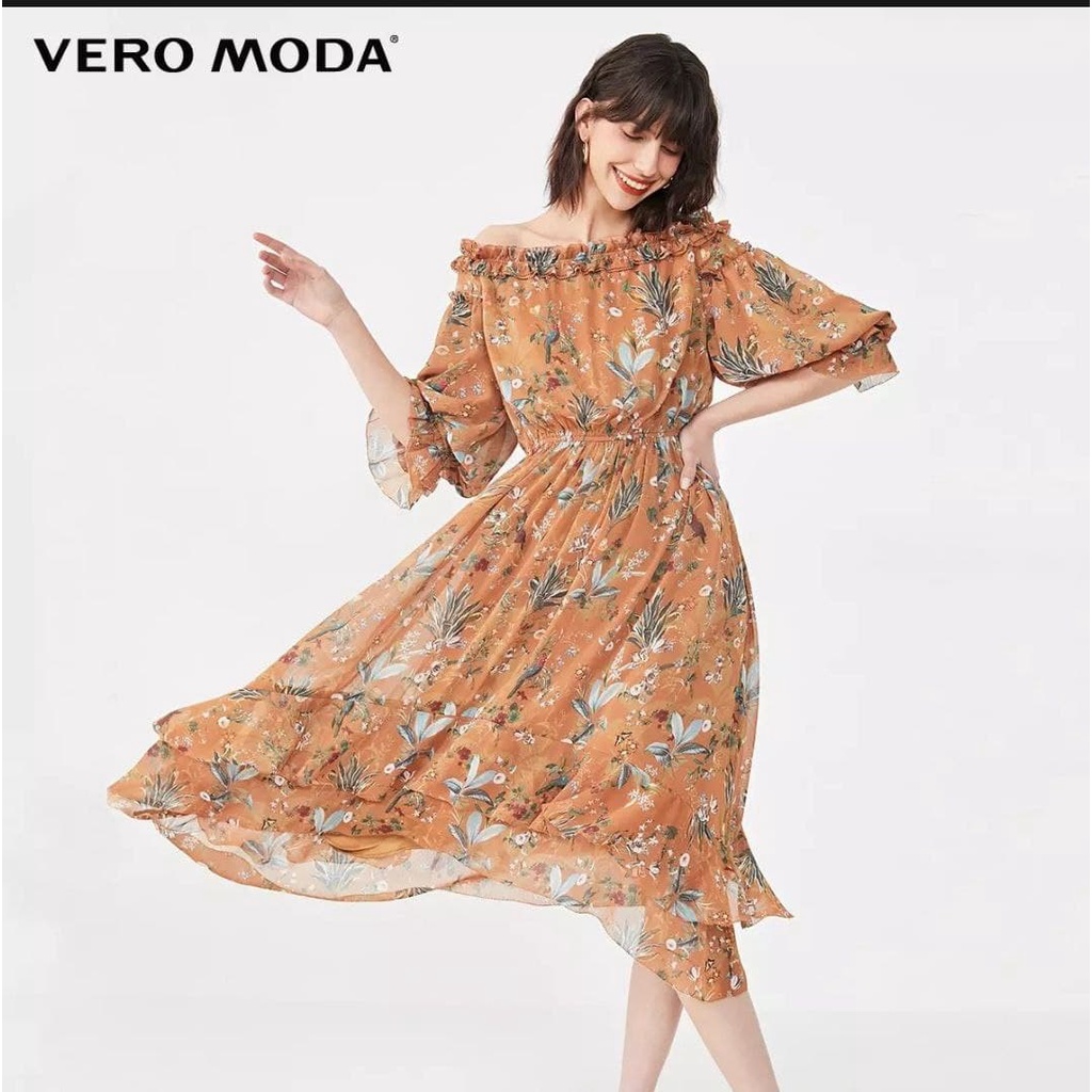 VERO MODA_Váy maxi voan hoa trễ vai