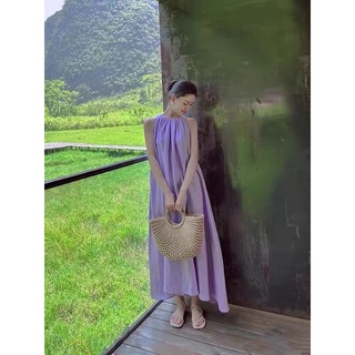 Đầm (Sẵn) Nữ 2 Hai Dây Cổ Yếm Đi Biển Suông Dài Màu Tím Tiểu Thư Nhẹ Nhàng