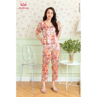 Bộ Pijama Lụa Cổ Vuông Tay Nhún Hoa Mầu Nước