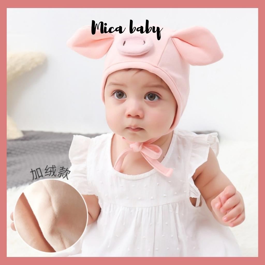 Mũ cotton buộc dây cho bé hình heo hồng dễ thương Mica Baby MD154