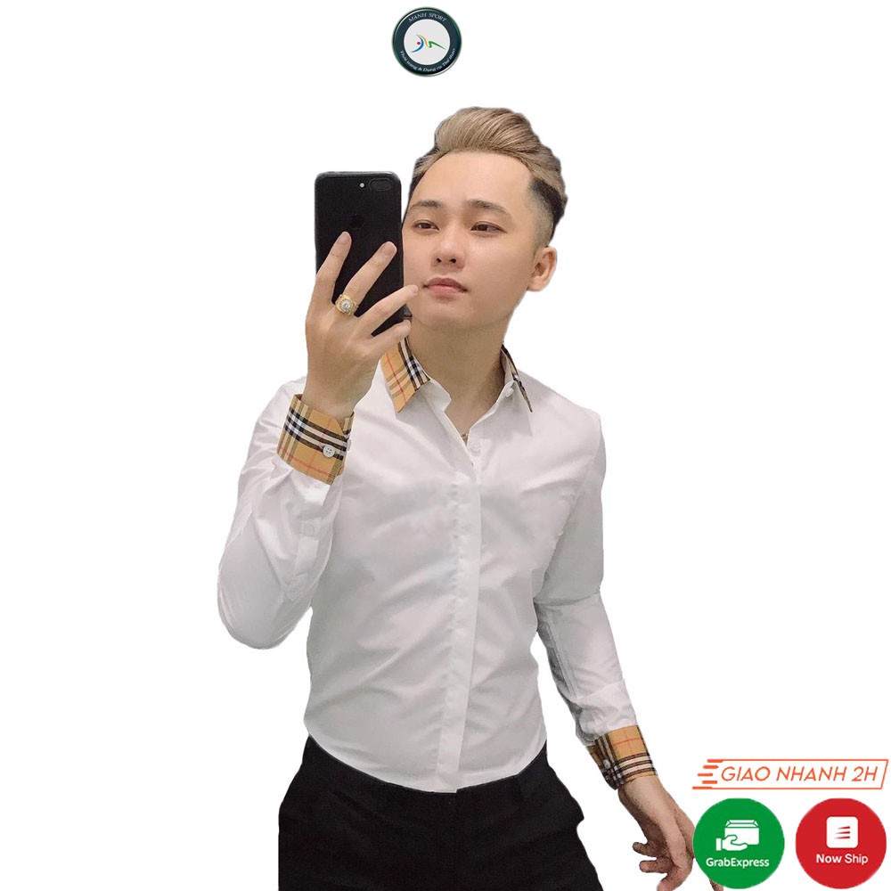 Áo Sơ Mi Nam Trắng Dài Tay Phối Kẻ Vàng Vải Lụa Trơn Cao Cấp Form Body [15]