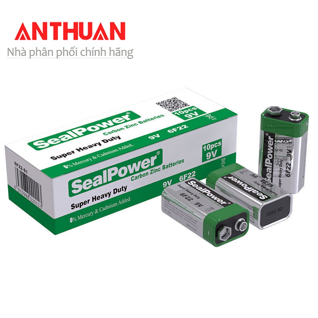 Pin vuông 9V Sealpower 6f22 Siêu bền, chính hãng, dung lượng cao 300mAh, gắn micro, karaoke, đèn pin, đồ chơi-Hộp 10viên