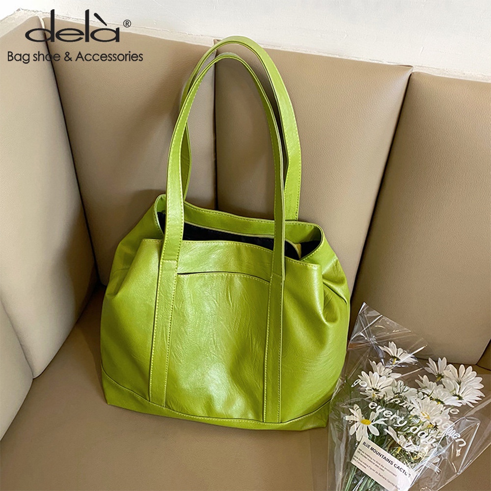 Dela Túi tote Da PU Mềm Sức Chứa Lớn Màu Xanh Bơ Dành Cho Nữ