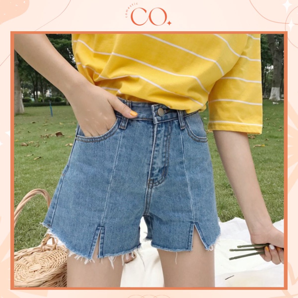 Quần Short Jean Cạp Cao Ống Rộng Xẻ Gấu