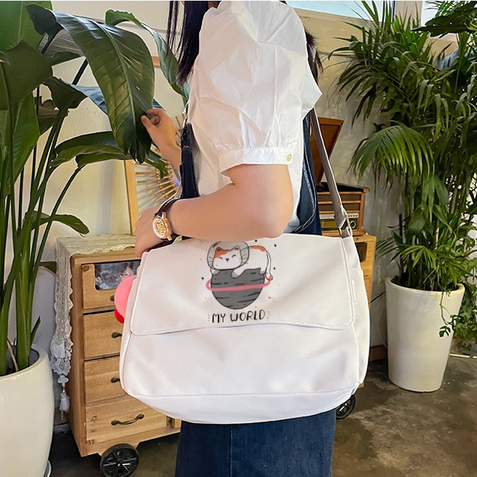 Túi Tote Đeo Chéo Vải Canvas Mèo My World Phong Cách Ulzzang