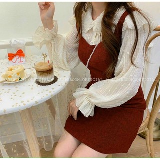 🎁🎁 váy yếm đỏ phối áo sơ mi nhũ cổ sen tiểu thư