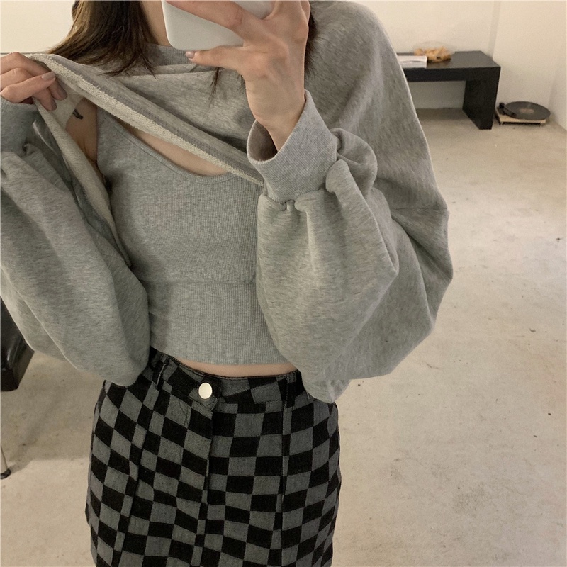 Set Áo Croptop Rộng Tay Dài Màu Trơn + Áo Hai Dây 2 Màu Tùy Chọn Thời Trang Hàn Quốc Cho Nữ