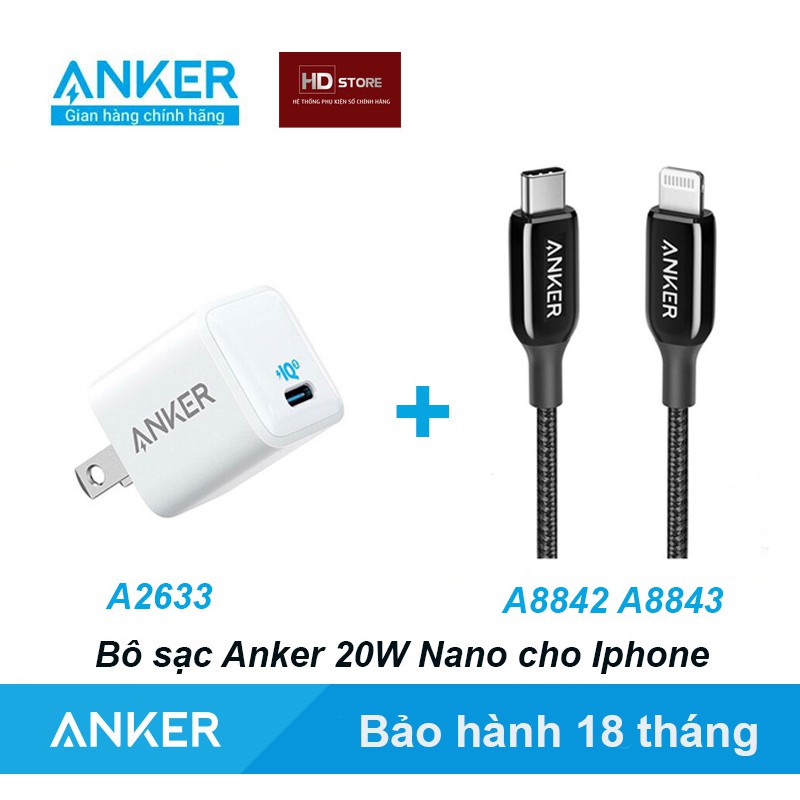 Bộ sạc ANKER 20W Nano - Sạc 20W Mã A2633 + Cáp Powerline + III Thế hệ 3 Usb C to Lighting Mã A8842