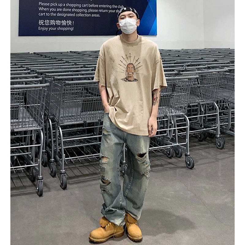 Áo thun cotton dáng rộng tay ngắn họa tiết chữ phong cách hiphop Mỹ thời trang dành cho nam V5ns