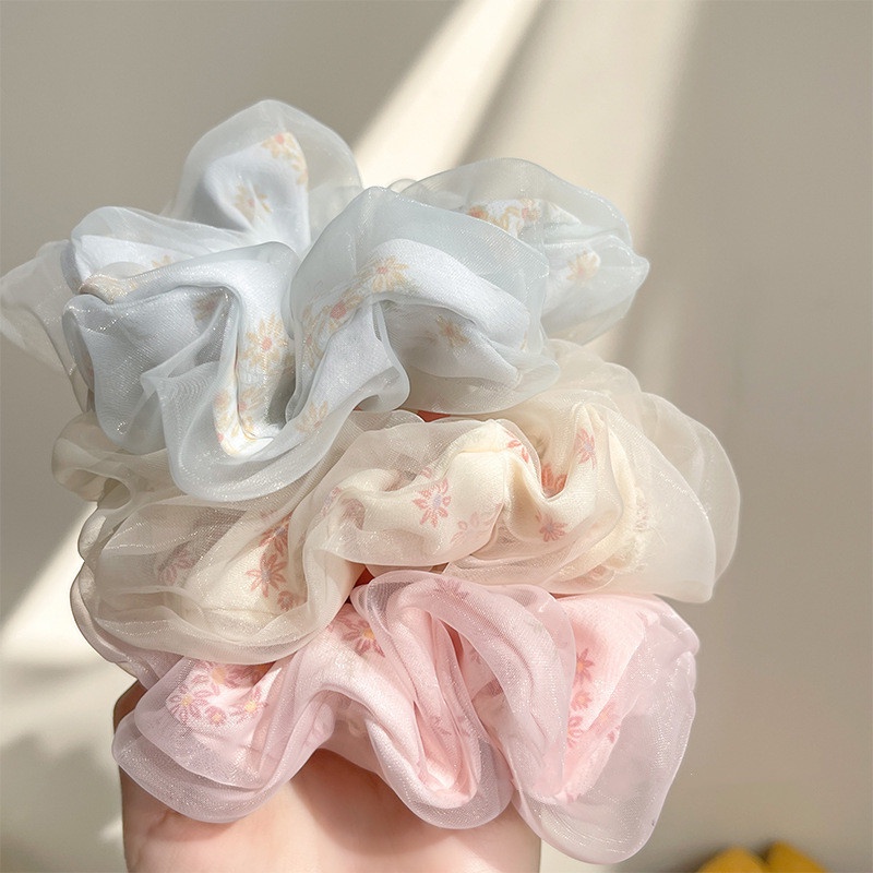 Dây Buộc Tóc Hai Lớp Bằng Vải Organza Lụa / Dây Buộc Tóc In Hoa Bản Lớn / Sợi Lưới Co Giãn