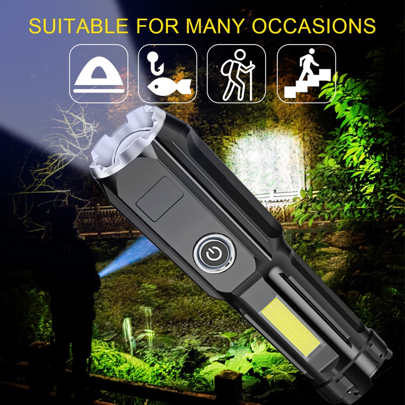 Đèn Pin Led Cob Siêu Sáng Sạc Cổng USB Mang Đi Cắm Trại / Câu Cá Tiện Dụng