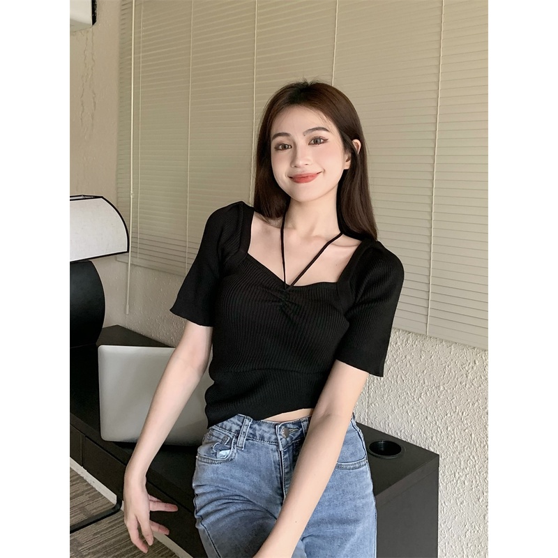 Áo Dệt Kim Kẻ Sọc Trễ Vai Thắt Dây Thời Trang Hàn Quốc