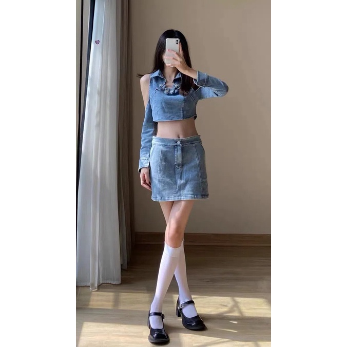 Set Áo denim Trễ Vai Và Chân Váy Jeans Thời Trang Dành Cho Nữ (Có Bán Lẻ)