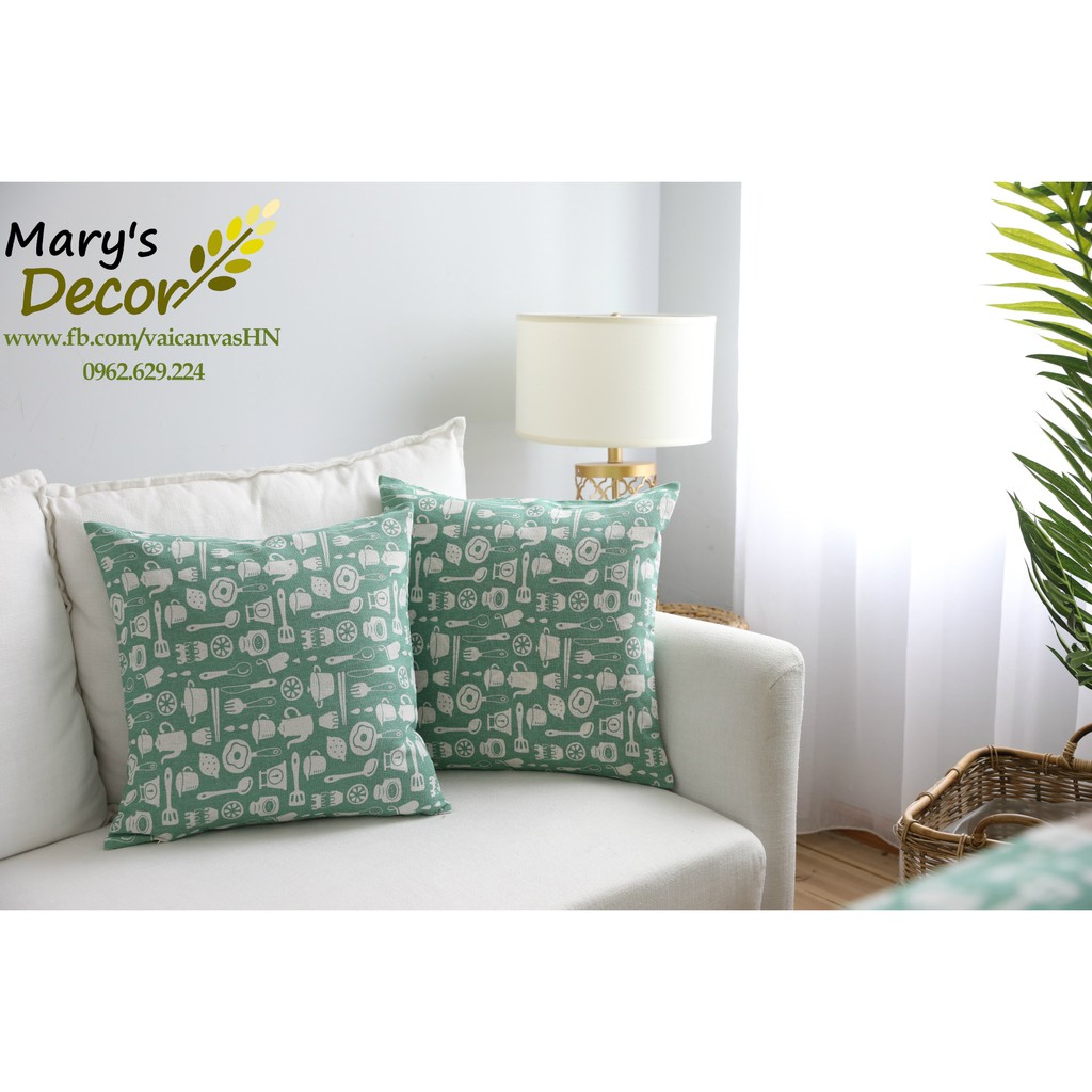 Gối tựa sofa Mary Decor - họa tiết Đồ dùng nhà bếp xanh G-D04