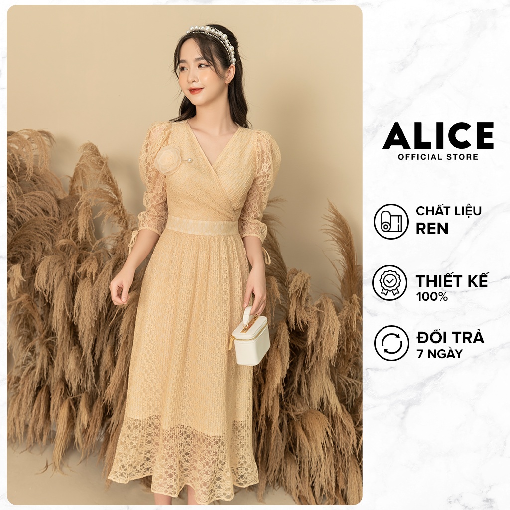 Váy Đầm Ren Công Sở ALICE Chất Vải Ren Lót Lụa Thiết Kế Váy Dập Ly Cổ Chữ V Kèm Hoa Cài Ngực V769