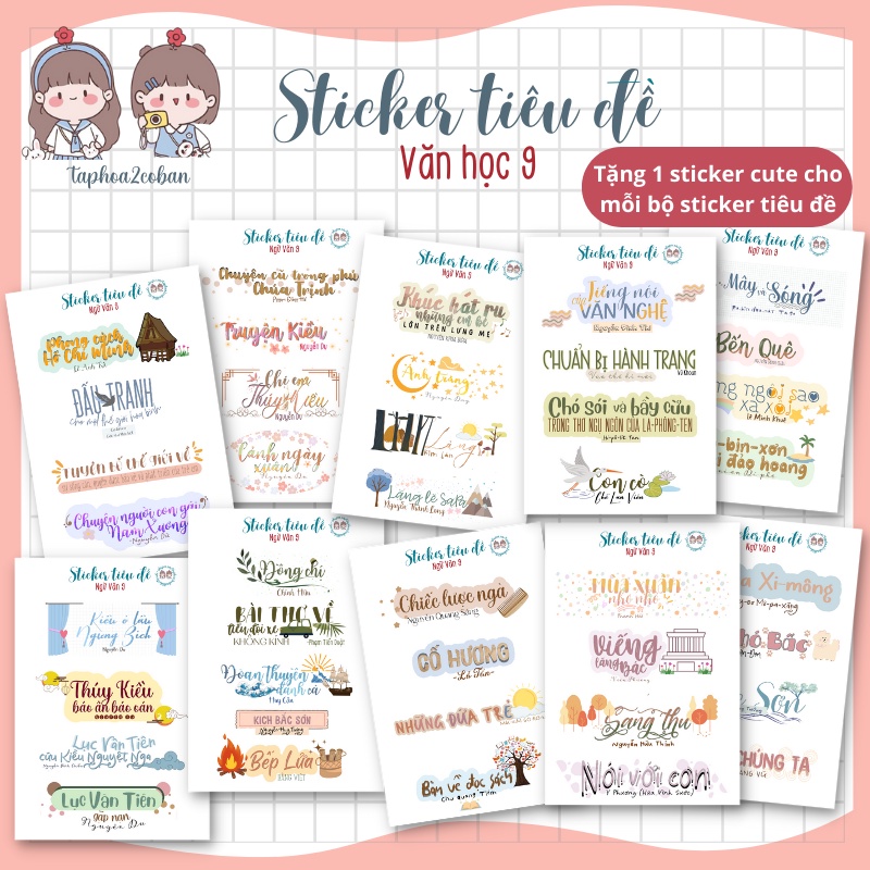 Bộ sticker tựa đề Văn học lớp 9 [TẶNG KÈM 1 STICKER CUTE]