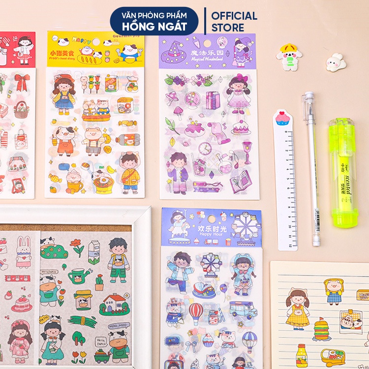Sticker cute hoạt hình, hình dán cute 4 tờ sticker trang trí sổ nhiều mẫu dễ thương đẹp giá rẻ văn phòng phẩm STK05