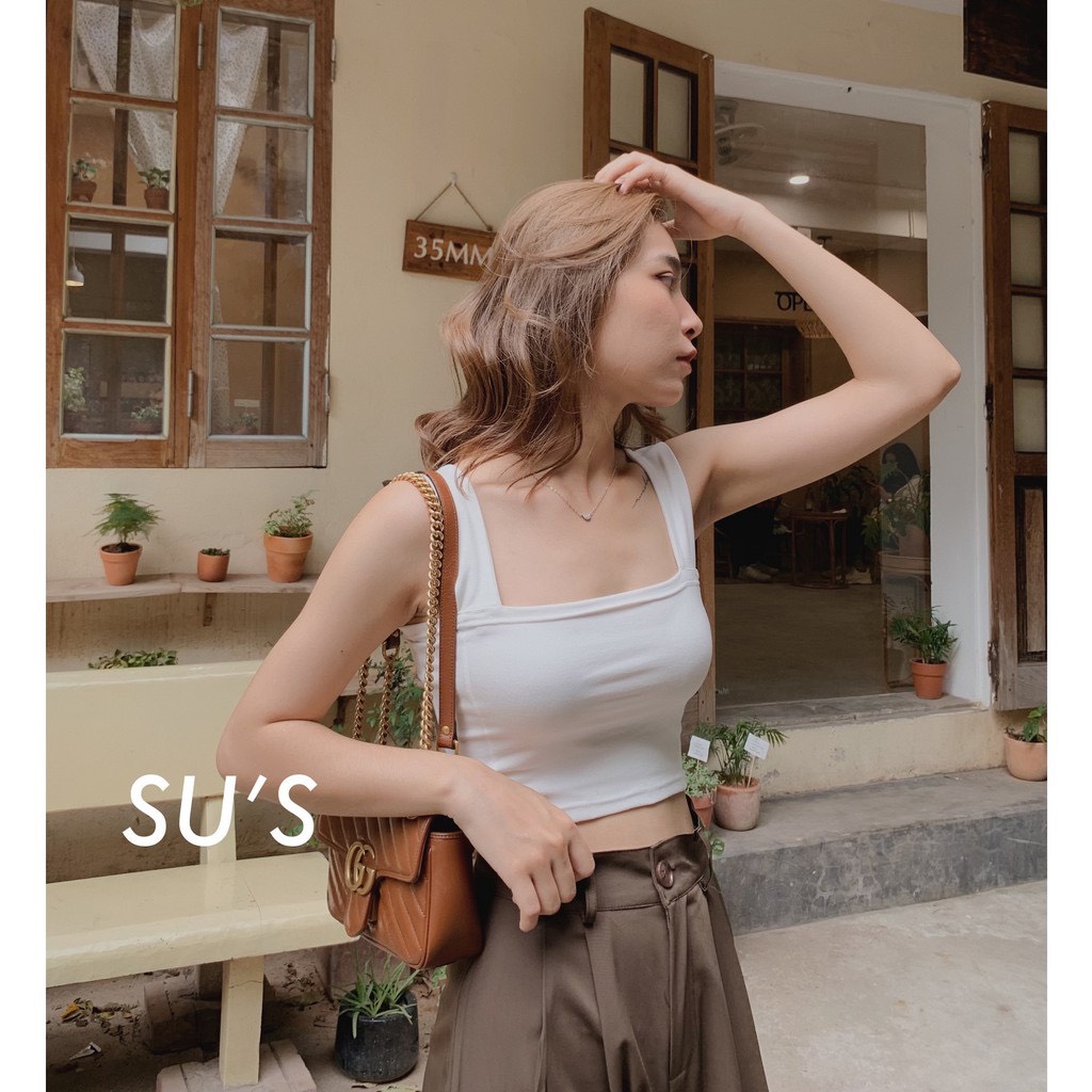 Áo hai dây bản to croptop có sẵn đệm mút, áo bra nâu be đen Rosie Dream Shop