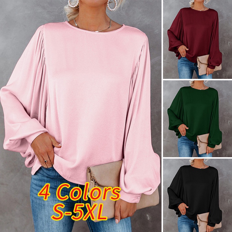 Áo kiểu Zanzea vải satin cổ tròn tay phồng dáng rộng thời trang dành cho nữ