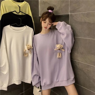 Áo sweatshirt cổ tròn dáng rộng gắn gấu bông dễ thương phong cách hàn quốc thời trang xuân thu