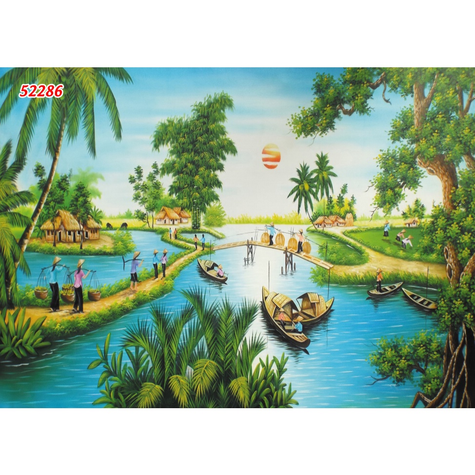 Tranh Đồng Quê Việt Nam Lụa 3D Cao Cấp Dán Tường không phai màu, chống thấm tốt