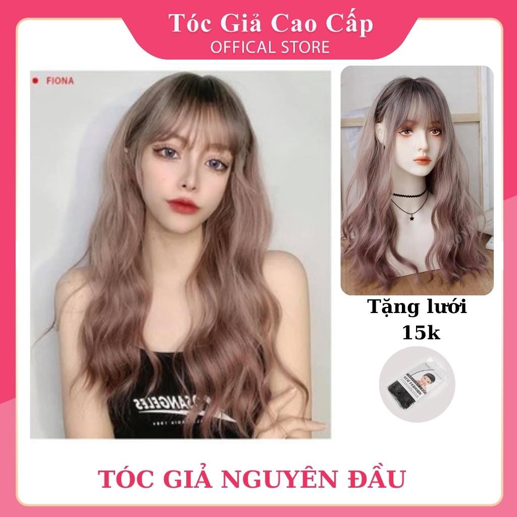 Tóc giả nữ nguyên đầu xù dợn màu hồng khói, tặng kèm lưới trùm wig, c8184