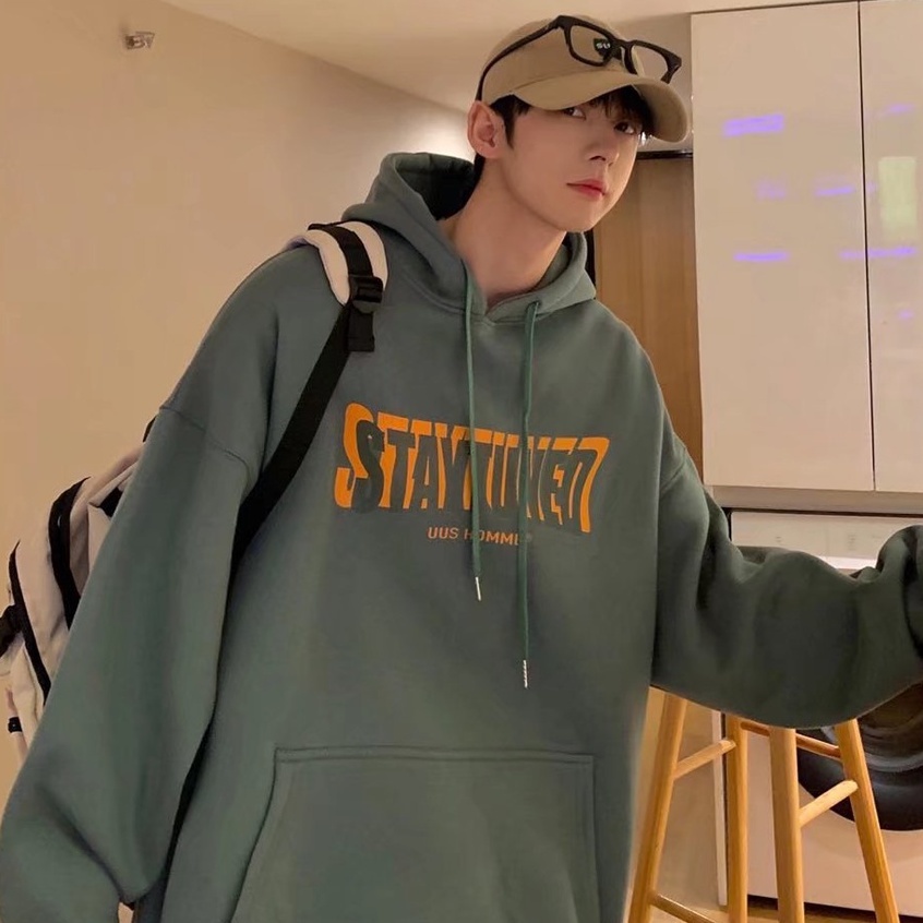 Bốn màu Áo hoodie dáng rộng in chữ phong cách Hàn Quốc nam tính big size simple áo hoodie nữ form rộng dày