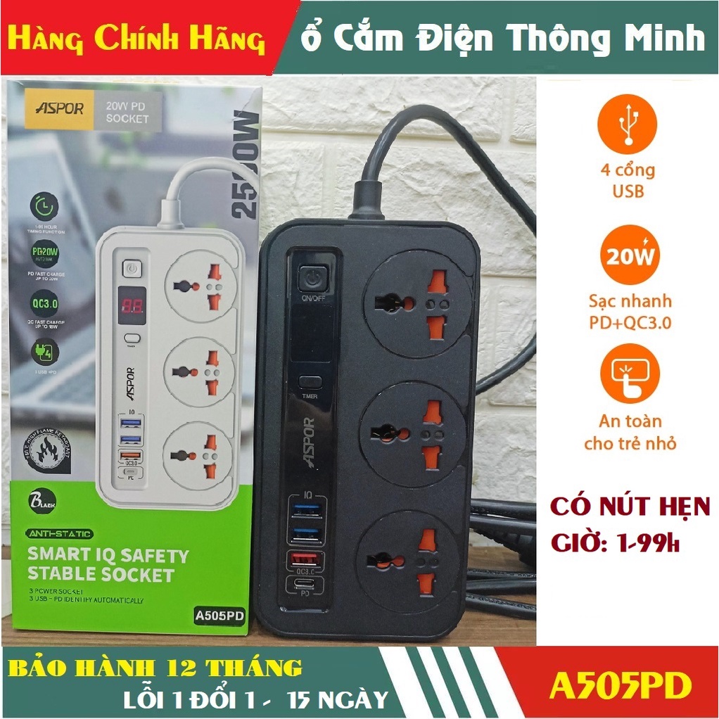 Ổ điện thông minh Aspor A505PD Sạc nhanh USB-C 20W PD, Chống cháy nổ, Chip IQ điều chỉnh điện áp, dây dài 2m, có hẹn giờ