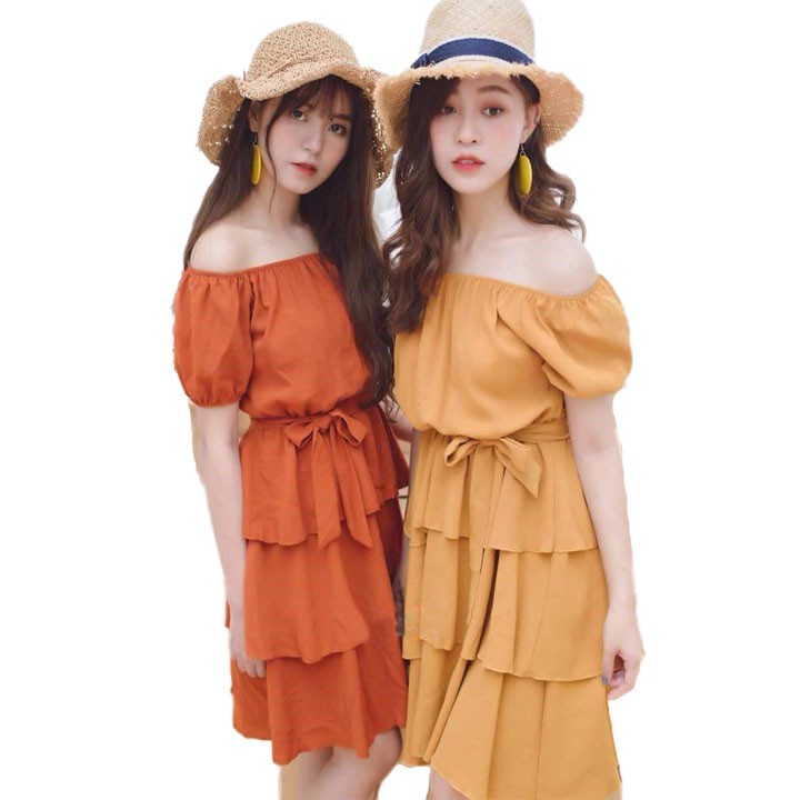 FREESHIP ĐƠN 99K_Đầm trễ vai 3 tầng nơ eo | BigBuy360 - bigbuy360.vn